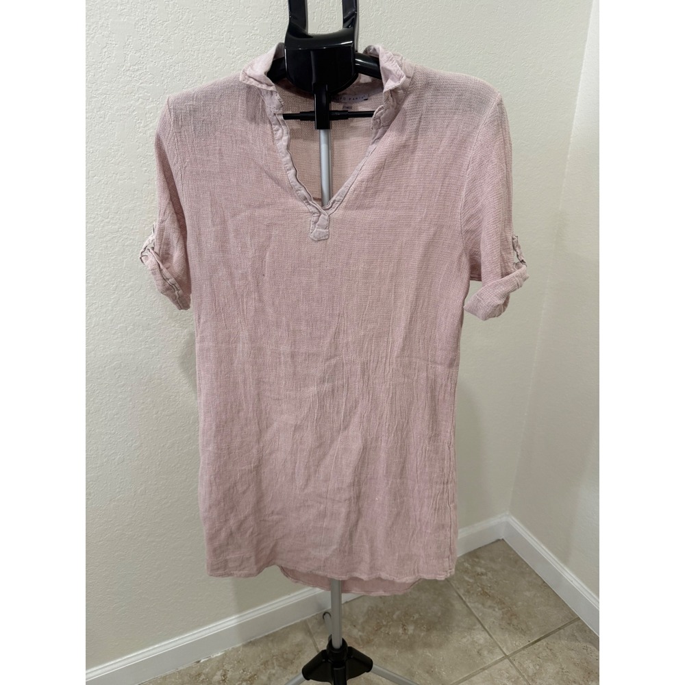 Tempo Paris 100% Linen Blouse Size S Pink Made in Italy Roll Tab Sleeve Top